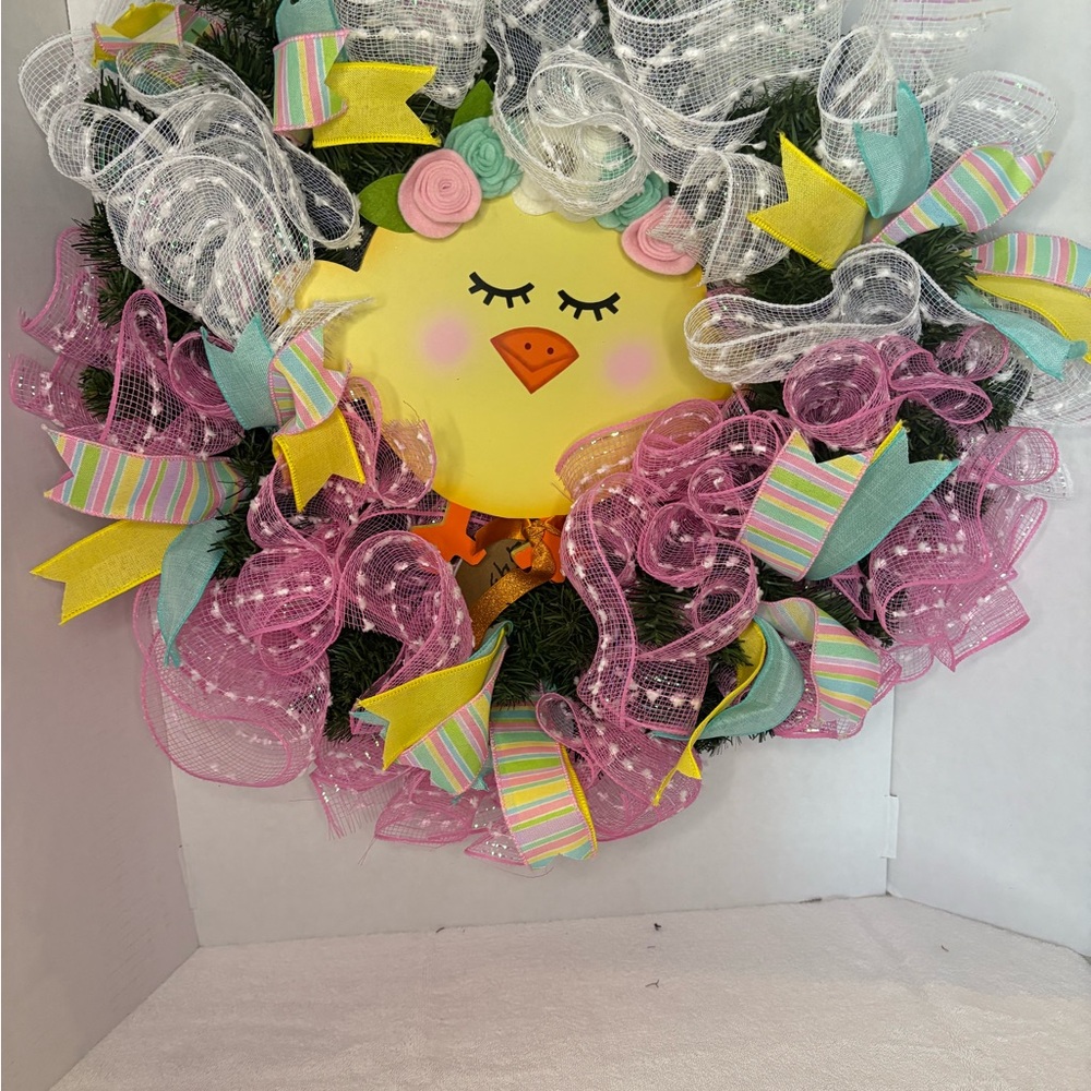 Pastel Chick Spring Wreath with Pink, Yellow & Mint Accents